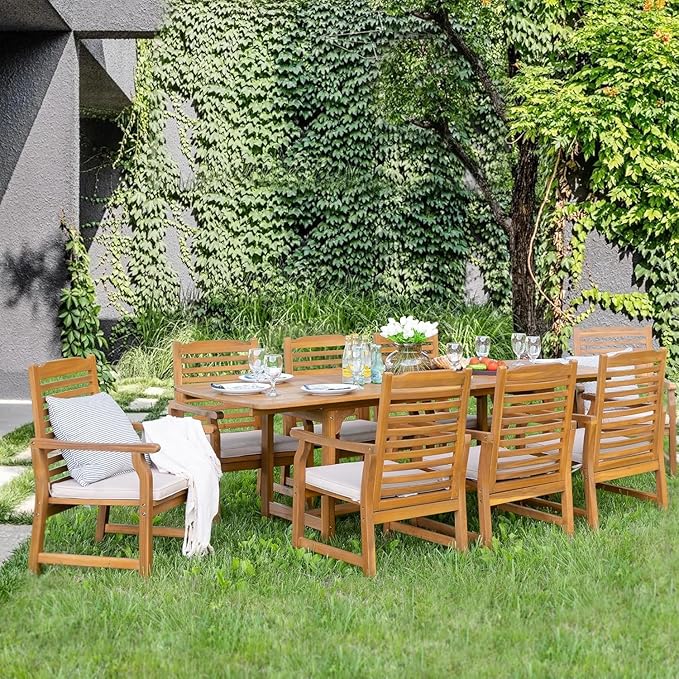 PHI VILLA Outdoor Acacia Wood Dining Table for 6-8, Large Extendable Rectangular Teak Table with Umbrella Hole, Farmhouse Outside Furniture for Patio, Deck, Porch, Yard