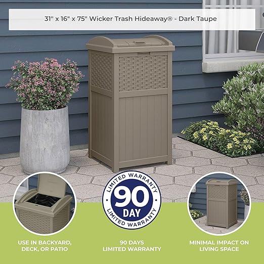 Suncast Hideaway Outdoor Trash Can with Lid - 30 Gallon Trash Can, Dark Taupe, Decorative Wicker-Style Garbage Bin, Weather-Resistant Resin, Fits 30-33 Gallon Bags, Ideal for Patio & Yard, Made in USA