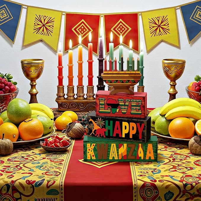 4 Pcs Kwanzaa Table Decorations Wooden Candlestick Sign Wood Block Tabletop Centerpiece Happy Kwanzaa Tiered Tray Table Toppers for Farmhouse Home Office Desk Decor Holiday Party Supplies