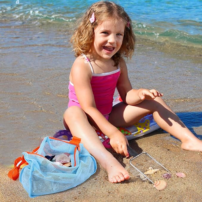 2 PCS Beach Mesh Shovel with 2 PCS Mesh Beach Bag for Filter Sand, Kids Shell Collecting Scooper for Picking Up Shells, Shark Tooth Sifter for Boys and Girls, Beach Toy
