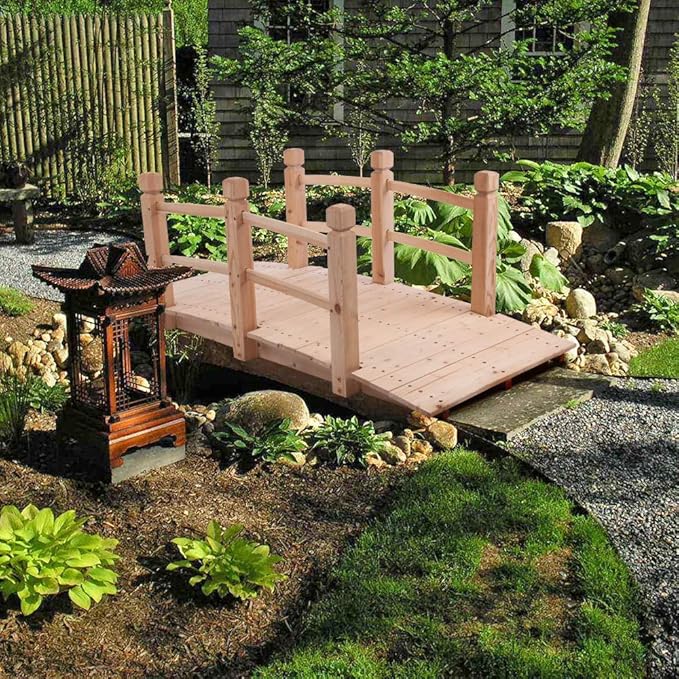 5 ft Garden Bridge for Outdoors, Wooden Bridge Pathway with Safety Rails Decorative Pond Landscaping, Small Wood Walkway Landscaping, Backyard, Creek or Farm, Stained Finished (Natural)