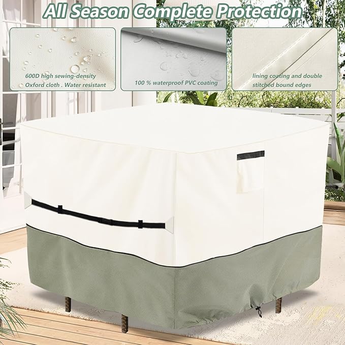 Square Patio Furniture Cover for 5-Piece Bar Height Patio Dining Set Covers,100% Waterproof Outdoor 66 Inch Square High Wicker Bar Table and Chairs Cover, Beige
