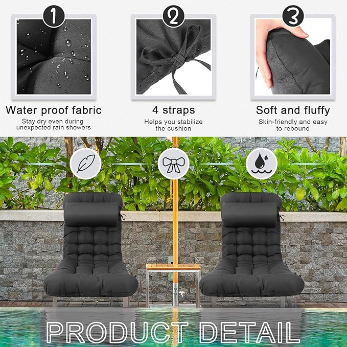 Tudomro 1 Pcs Grey 66'' Outdoor Chaise Lounge Cushion Waterproof Patio Lawn Pool Chaise Lounge Cushion with Headrest Pillow & Ties Weather Fade Resistant Replacement Longue Chair Pad