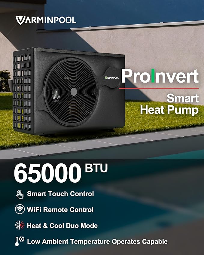 65000BTU Pro Invert Pool Heat Pump for 20000 Gallons Above Ground Pools, WiFi Capable Smart Touch Control Electric Pool Heater for Inground Pools, Timer, Heating&Cooling, 220V