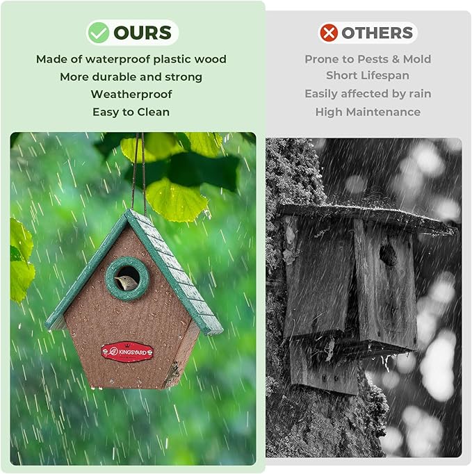 Kingsyard Recycled Plastic Bird House for Outdoors - Hanging Nesting Box with Predator Guard & Air Vents for Wren Finch Chickadee, Green