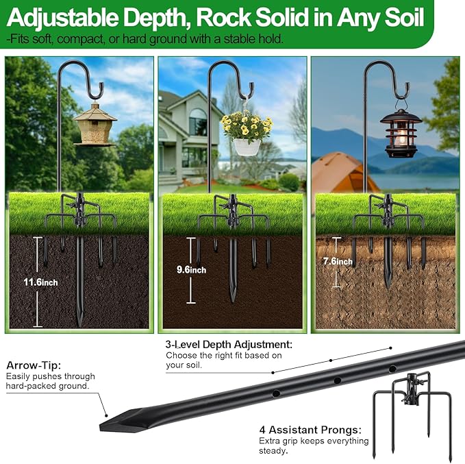 92" Tall Bird Feeder Pole with Shepherds Hook - Heavy Duty Rustproof Stand for Hummingbird Feeders,Wind Chimes,String Lights - Outdoor Garden Decor Hanger, Black