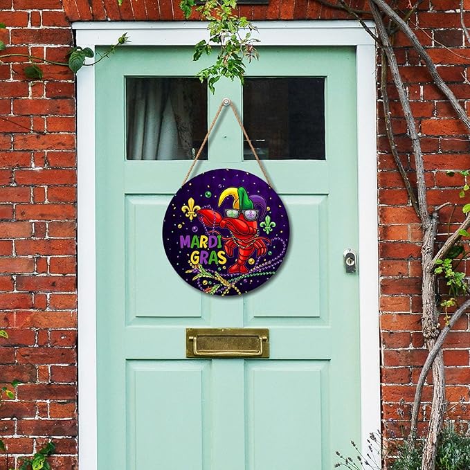 Mardi Gras Carnival Door Sign For Front Door Decor,Purple Yellow Green Mask Wooden Sign 12"x 12" Round Wood Hanging Door Sign Decoration for Wall Rustic Farmhouse Decor