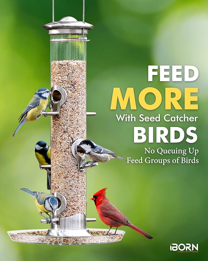 iBorn Bird Feeders Seed Catcher for Outside Hanging 6 Port Bird Feeder for Cardinal Birds Aluminium Metal,Brushed Nickle Finishing 14 Inch 6 Port (Seed is not Included)