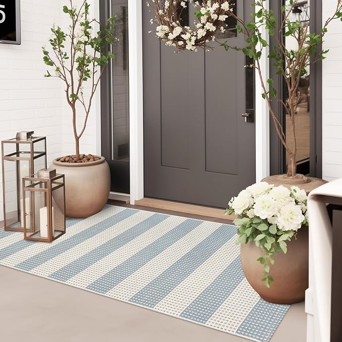 Boho Striped Outdoor Mats for Front Door 2'x4.3',Blue and Cream Washable Rug Runner,Cotton Hand Woven Indoor Outdoor Rugs,Foldable Farmhouse Layered Door Mats for Entryway