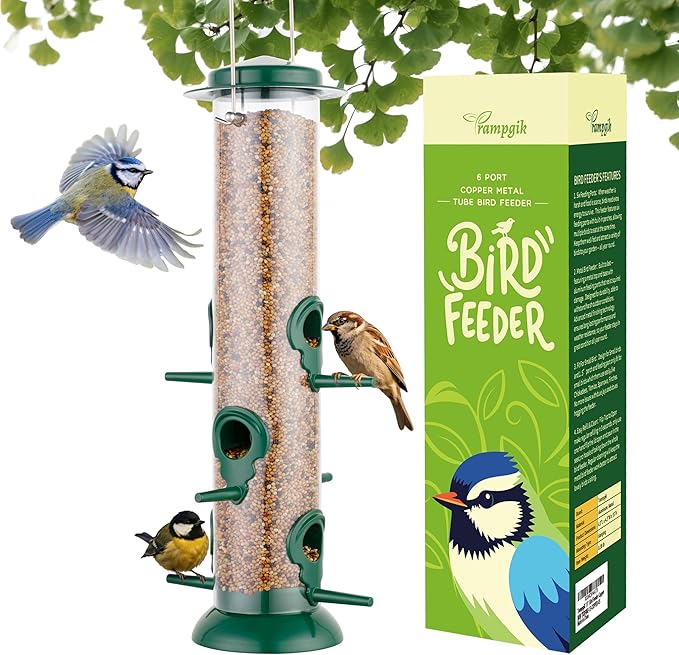 Metal Tube Bird Feeders for Outdoors Hanging,Finch Feeders for Outside,Chew-Proof Hanging Birdfeeder,Squirrel-Proof 6 Ports Bird Feeder 13 Inch,Anti-Rust,Green,1 Pack(Seed is not Included)