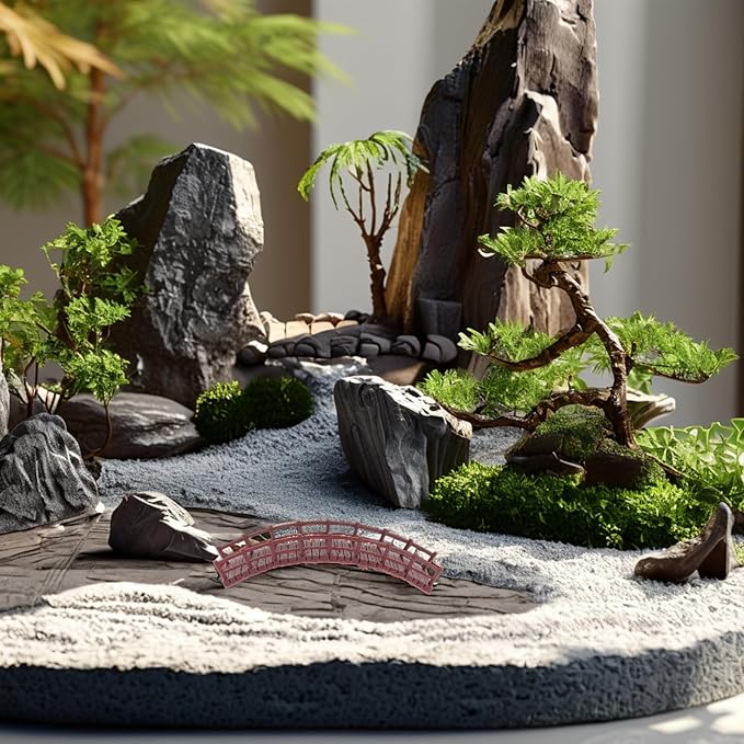 LOGOFUN 4PCS Miniature Arch Bridge Figurines Chinese Style Garden Model Mini Plastic Z Shaped Bridges for Micro Dollhouse Plant Pot Terrarium Decor