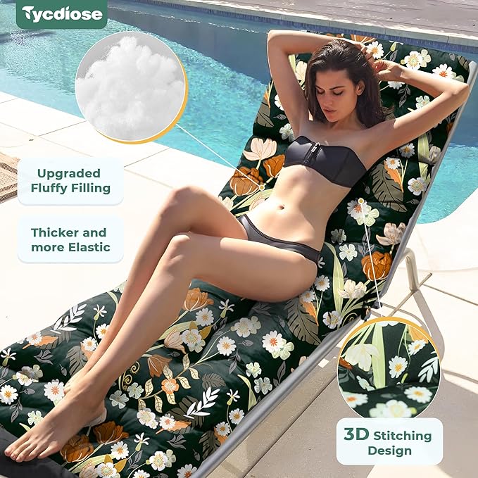 Chaise Lounge Cushions Outdoor Set of 2, 74.4 x 22 x 4.7 Inches Thickened Lounge Chair Cushions Waterproof for Outdoor Furniture with Ties, Non-Slip Patio Pool Lounge Cushions, Green Floral