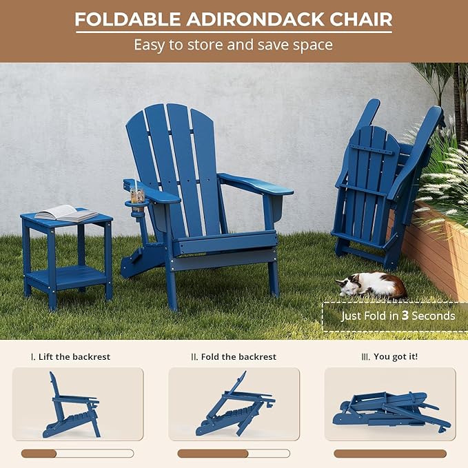 BRIOPAWS Folding-Adirondack-Chair | HDPE Plastic | Fire Pit Chairs | Cup Holder | Curved Back | All Weather | for Outdoor Backyard Deck Patio | Blue