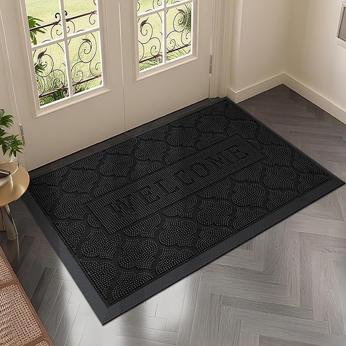 FRAMICS Rubber Doormat 24x36 Inches Heavy Duty - Non-Slip, Waterproof Entry Mat for Outside Front Door, Low Profile Dirt Trapper for All Seasons, Patio, Garage, High Traffic Areas, Black