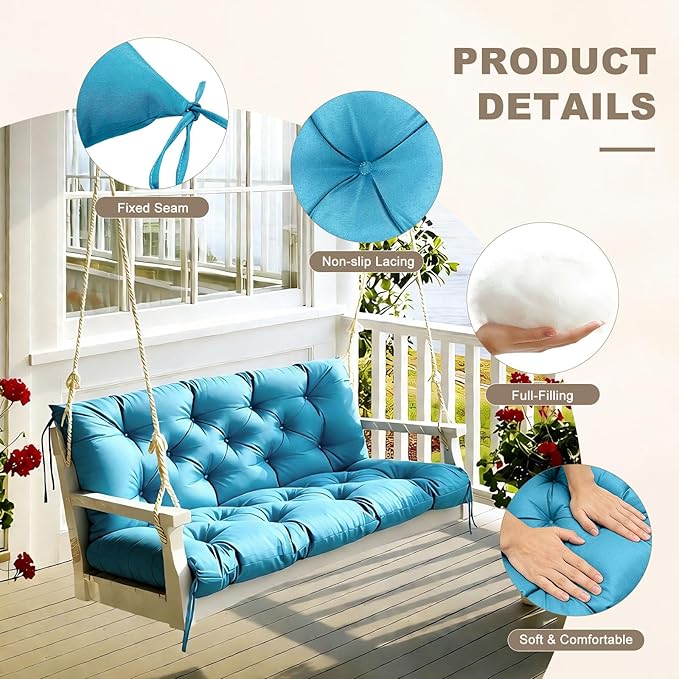 Porch Swing Cushion with Backrest,Waterproof Bench Cushion for Outdoor Furniture,2-3 Seater Replacement Thickened Swing Cushion with Ties,Patio,Outdoor,Backyard and Garden (SkyBlue,40x40)