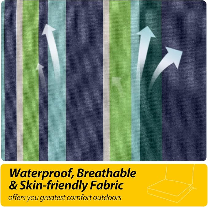 AAAAAcessories Outdoor Seat Cushions for Chairs, Fade-Resistant, Waterproof Patio Furniture Replacement Cushions, 23.5" x 25.5" x 5" + 23.5" x 19", Stormy Teal Coastal Stripe