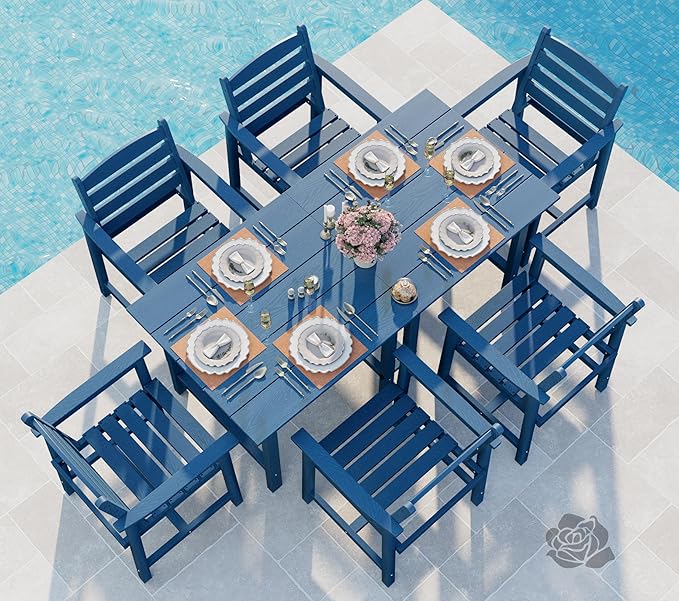 Anbuy Patio HDPE Dining Table Set, 7-Piece Outdoor Dining Table Sets, 2 in 1 Convertible Table and 6 Outdoor Chairs Outdoor All-Weather Furniture Set Blue