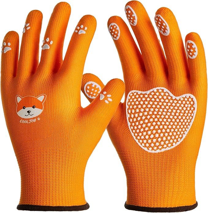 COOLJOB Large Toddler Gardening Gloves for Little Boys Girls Ages 6-9, Breathable Kids Work Gloves with Grippy Animal Paw Dots for Children Yard Landscape, Orange Dog, 1 Pair