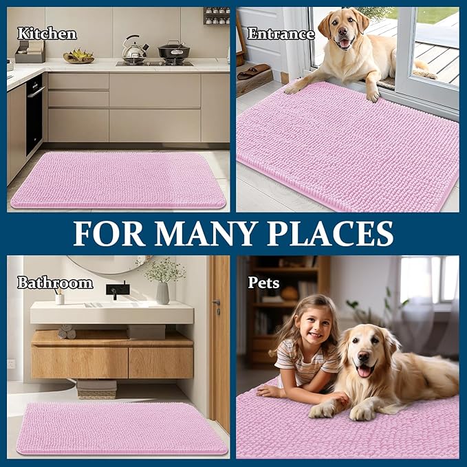 OLANLY Dog Door Mat for Muddy Paws 40x32, Absorbs Moisture and Dirt, Absorbent Non-Slip Washable Doormat, Quick Dry Chenille Mud Mat for Dogs, Entry Indoor Entryway Carpet for Inside Floor, Pink