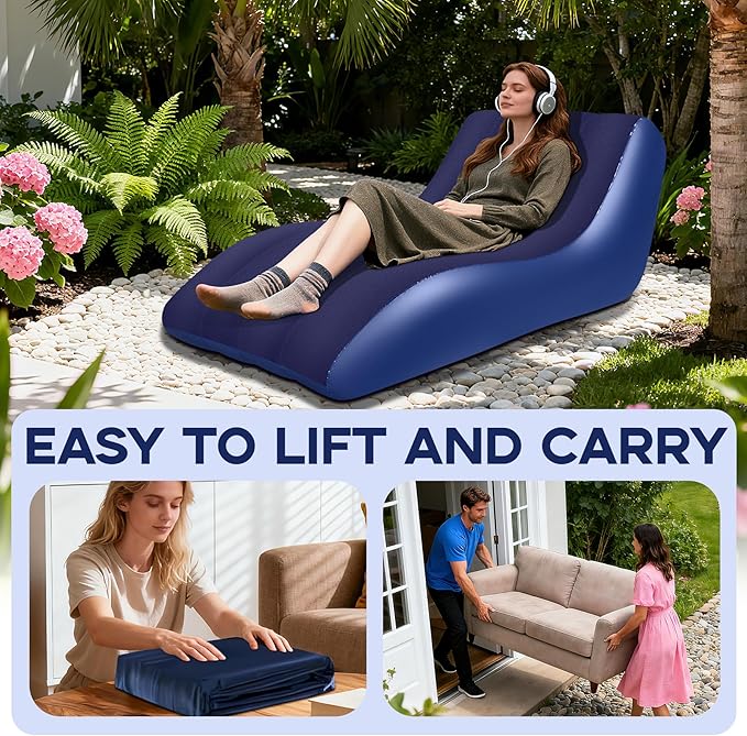 Inflatable Chair for Adults,Inflatables Chairs with Flocked Surface, Inflatable Lounge Chair with Backrest, Comfort Ergonomic Inflatable Couch,Inflatable Couch for Camping, Blue