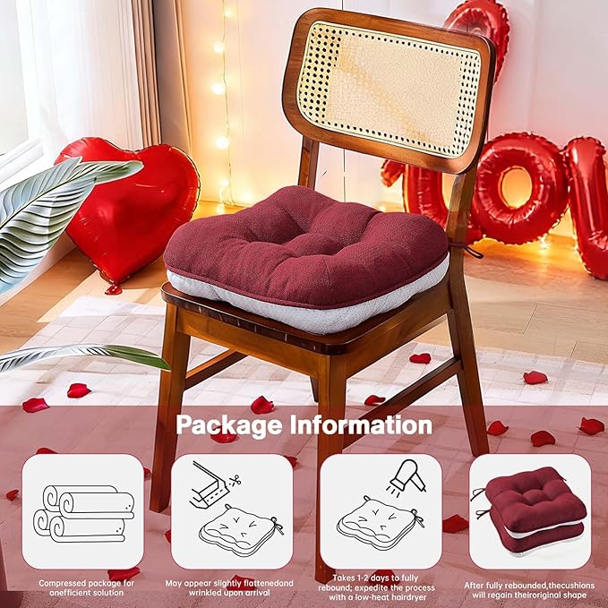 BETU Chair Cushions for Dining Chairs Set of 2,3.5" Thick Kitchen Table Chair Pads with Ties,Non Slip Backing and Covers, Christmas Decor Seat Cushion for Dining Room,Bar,Patio Chairs,16"X16"X3.5",Red
