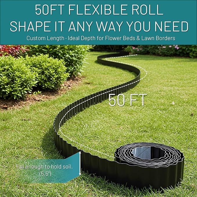 50FT Black Corrugated Metal Landscape Edging – Flexible & Rustproof Garden Edging Border, Decorative Metal Trim for Flower Beds, Lawn, Driveway, Walkway & Raised Beds