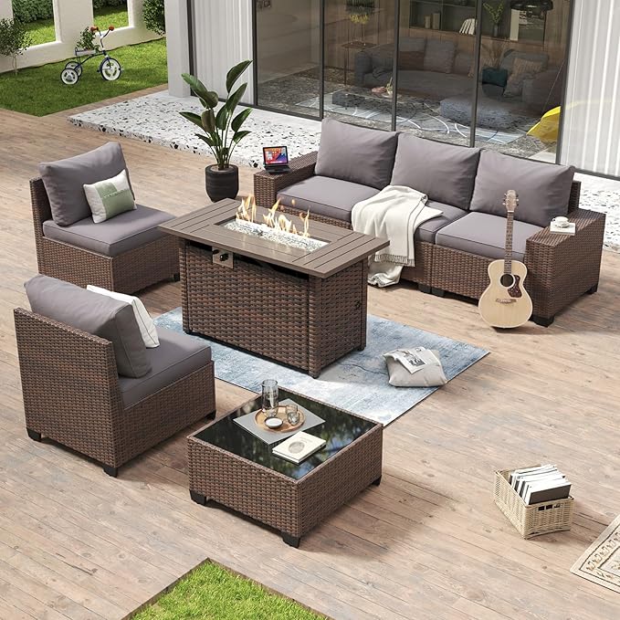 Aoxun 7 Piece Patio Furniture Set with Wide Armrests & 44” Fire Pit Table Wicker Rattan Outdoor Sectional Sofa Set with Coffee Table and Thickened Cushions, Brown/Gray(Waterproof Cover Included)