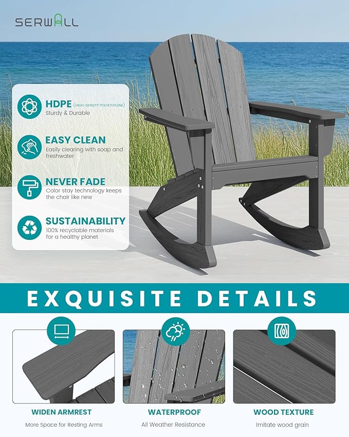 SERWALL Outdoor Adirondack Rocking Chairs Set of 2, All-Weather HDPE Adirondack Rocker Chair, Front Porch Rocker Chairs for Patio Lawn Porch Deck, Grey