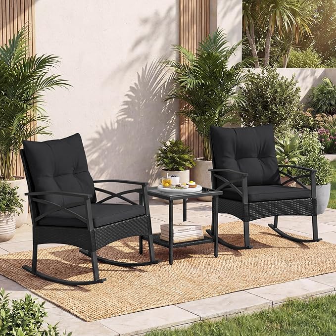 Tangkula 3 Pieces Outdoor Rocking Chairs Set, Rattan Heavy Duty Cushioned Rocker Chairs with 2-Tier Tempered Glass Coffee Table, for Garden, Balcony, Backyard (Black+Gray)