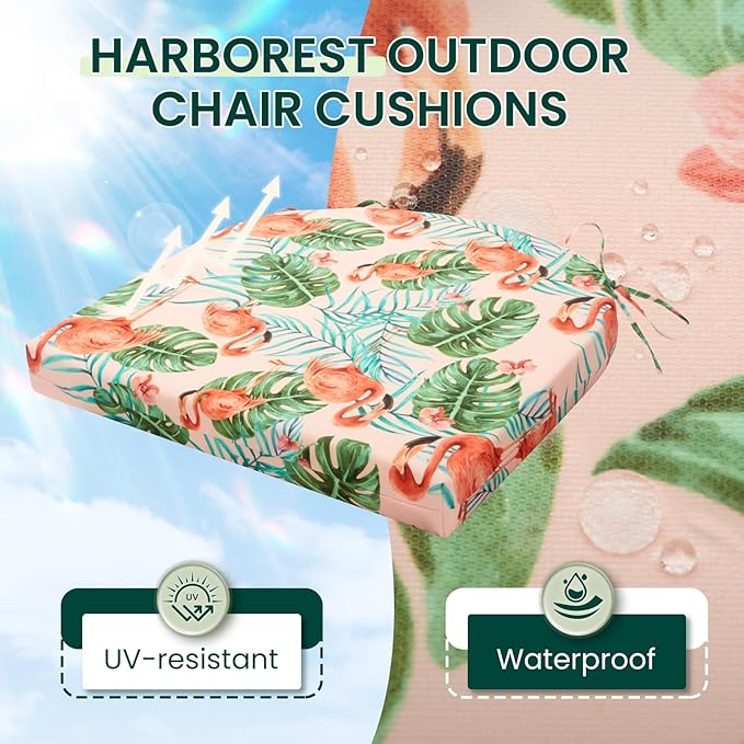 HARBOREST Outdoor Chair Cushions Set of 4, Water Resistant Patio Chair Cushions with Ties, Outdoor Seat Cushions for Patio Furniture, 17"x16"x2", Flamingo