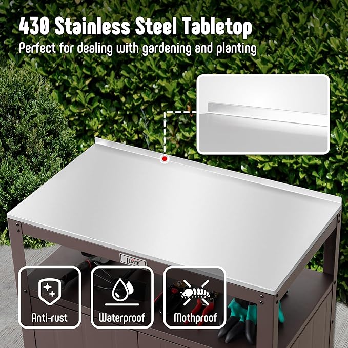 Garden Potting Bench with Storage, Outdoor Potting Table & Garden Work Bench for Plants, Horticulture, Outdoor Potting Station with Stainless Steel Tabletop, Outdoor Work Table