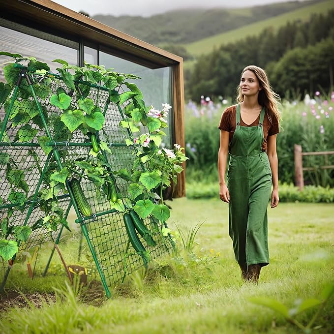 GAOMON Raised Bed Trellis, 4x4 ft Metal A-Frame Garden Trellis with Netting, Outdoor Support for Climbing Vegetables Tomatoes Cucumbers Peas Beans Grape Vines, Green