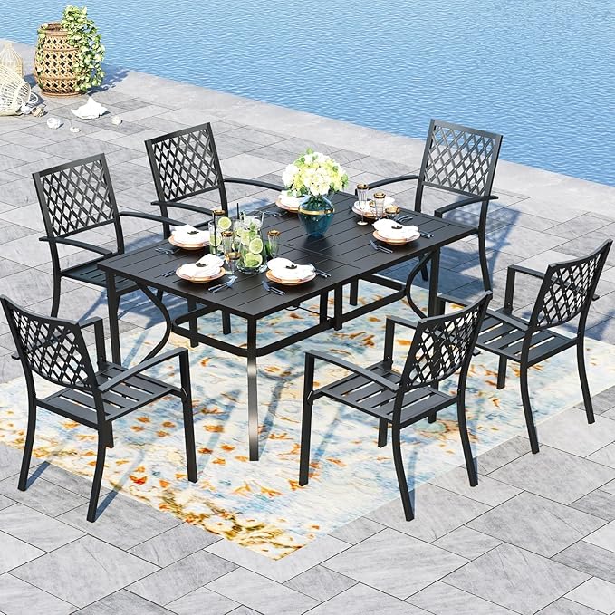 PHI VILLA 7 Piece Metal Outdoor Patio Dining Bistro Sets with Umbrella Hole, 60.2" x 37.8" Rectangle Patio Table and 6 Backyard Garden Outdoor Chairs, Black