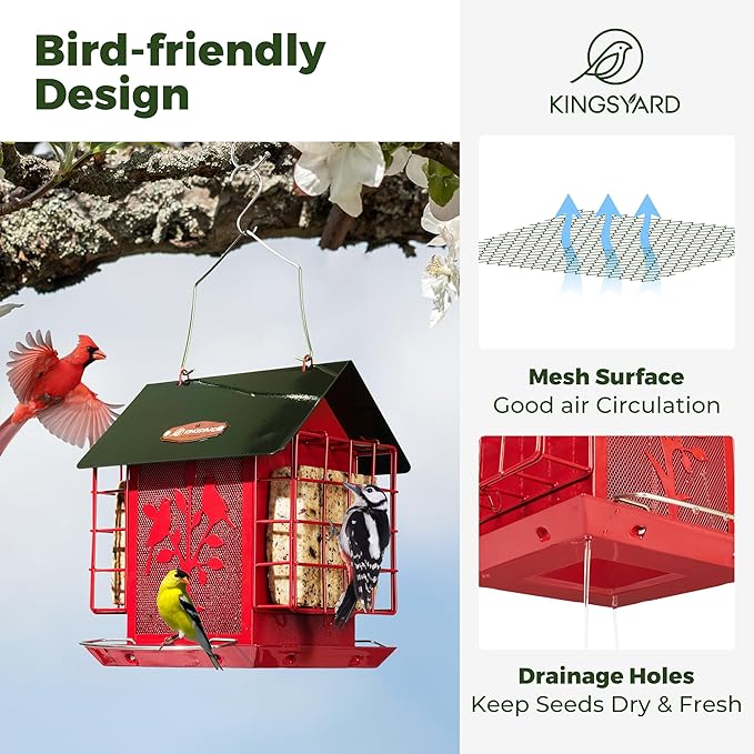 Kingsyard Metal Bird Feeder for Outdoor Hanging, Wild Bird Feeder with Double Suet Cage, Weatherproof Roof and 3 lbs Large Seed Capacity, Red