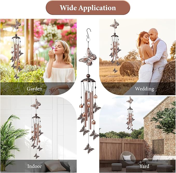 Butterfly Wind Chimes for Outside, Decorative Wind Chimes with 4 Aluminum Tubes Hanging Bells, Memorial Windchimes Outdoors with S Hook for Patio Garden Decor, Birthday Gifts for Mom Grandma