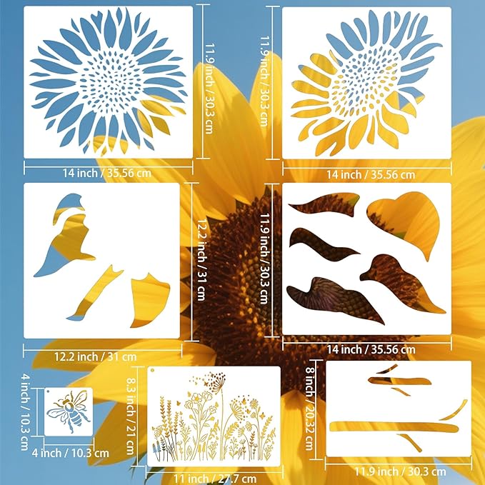 7 Pcs Large Sunflower Stencils for Painting, Flower Leaf Bee Paint Stencils for Wood, 14 Inch Floral Template Crafts Reusable Stencil on Wall Floor Door Fence Wallpaper Furniture Decoration