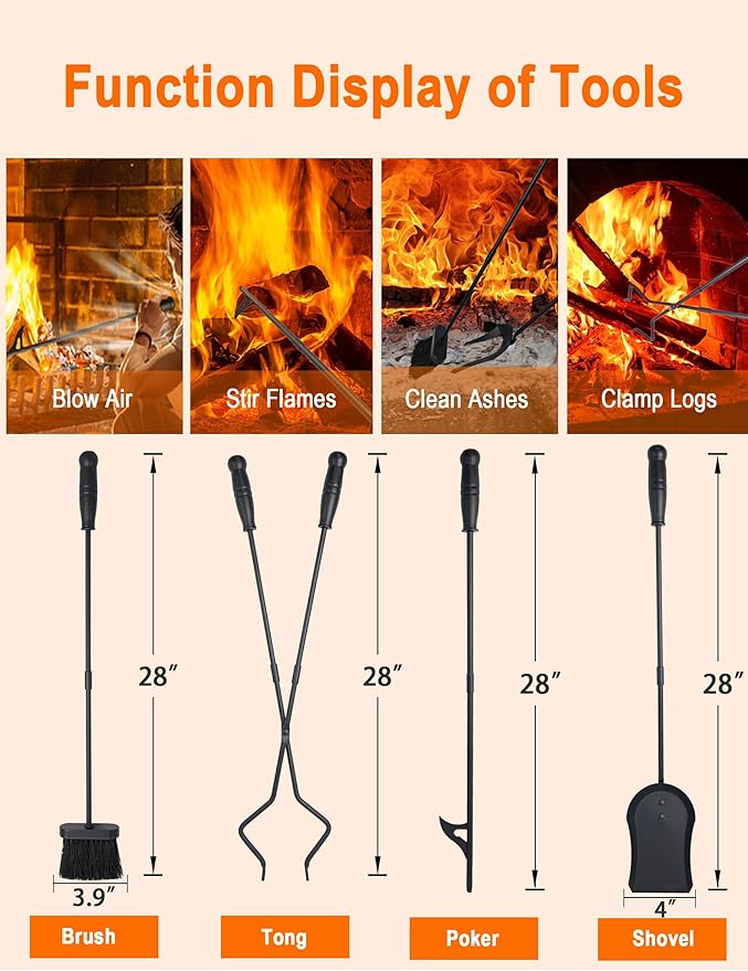 Tomersun Fireplace Tools 5 Pcs 31.5In Fireplace Tool Set Indoor Fireside Accessories Large Fire Place Tools Set Outdoor Fireplace Kit with Poker Shovel Tongs Brush, Stand