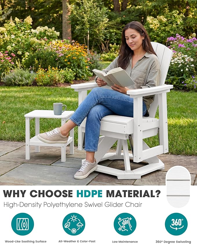 SERWALL Adirondack Swivel Glider Chair, HDPE Glider for Outdoor, All-Weather Glider Chair for Porch, Balcony, Light White