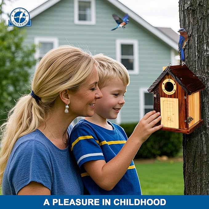 Bluebird Houses for Outside, Premium Bird Houses for Outside, Wooden Cabin Birdhouses for Outdoors, Weatherproof Courtyard Decorated Hanging Bird House, Nesting Bird House
