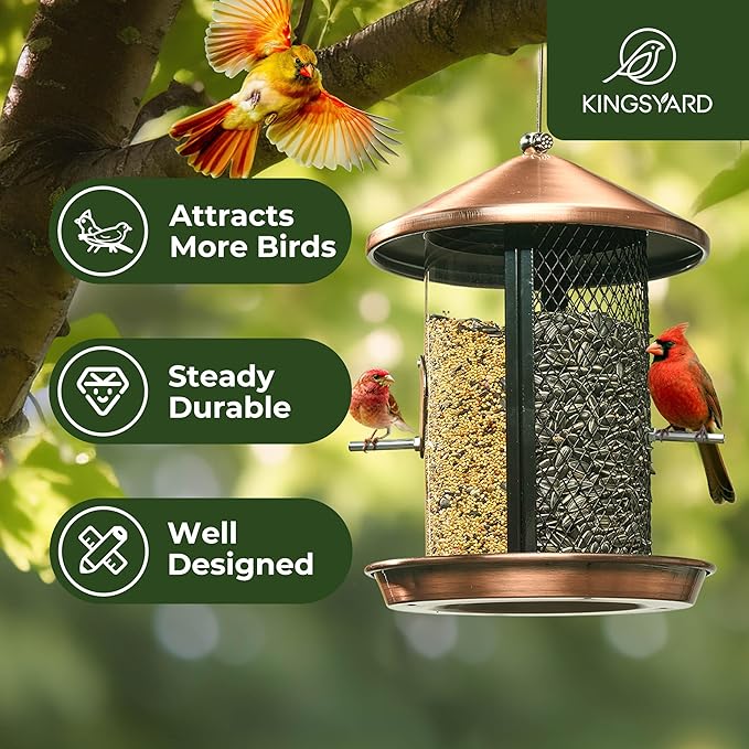 Kingsyard Metal Bird Feeder for Outdoor Hanging - Chew Proof Bird Finch Cardinal Feeder with Dual Chamber of 4 lbs Capacity for Bluebird, Antique Copper