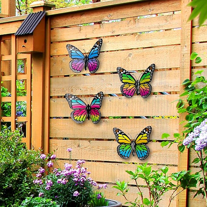 Metal Butterfly Wall Decor - 4 pcs Butterflies Wall Sculpture Hanging Decorations for Indoor Outdoor Fences Patio Yard Fence Garden Decorations