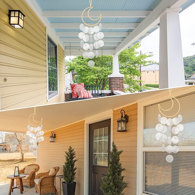 Seashell Wind Chimes for Outside - Handcrafted White Moon Shape Capiz Shells Windchime Bohemian & Coastal Style Decor for Indoor/Outdoors, Garden & Beach Hanging Decor for Wind Chimes Lovers and More
