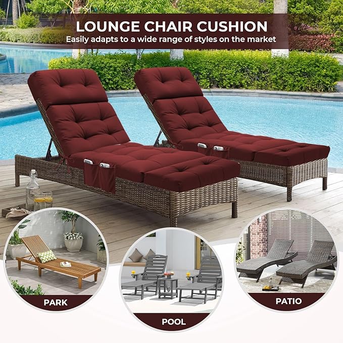 Outdoor Chaise Lounge Chair Cushion Waterproof 74.4 x 22 x 4.7 Inches Lounge Chair Cushions Replacement for Outdoor Furniture with Ties and Pocket, Thickened Pool Lounge Chair Cushions, Red