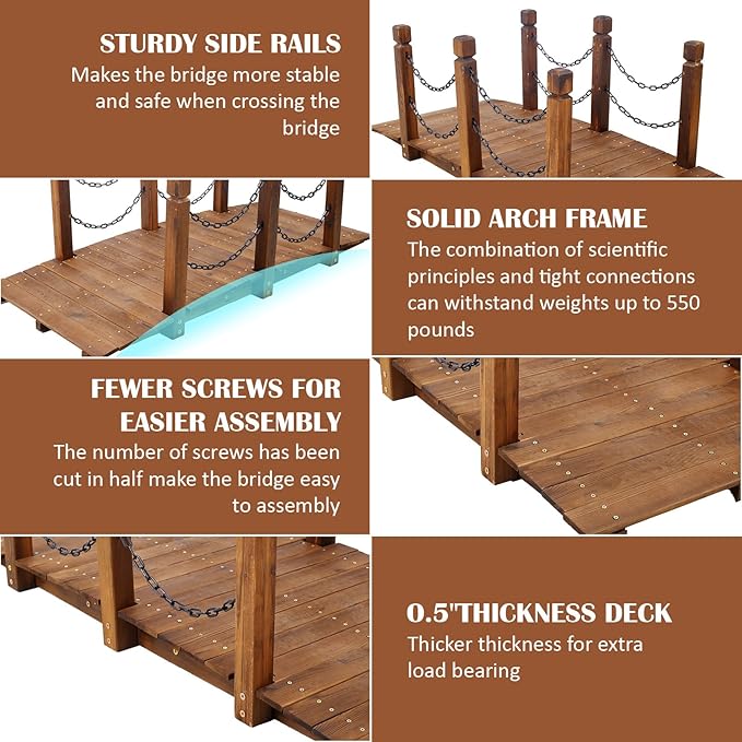 5 FT & 3.3 FT Wooden Garden Bridge, Stained Wood Arc Footbridge with Chain or Half-Wheel Railings for Backyard Pond, Creek, Farmhouse Landscape Decor, Easy Assembly (Brown-5 FT)
