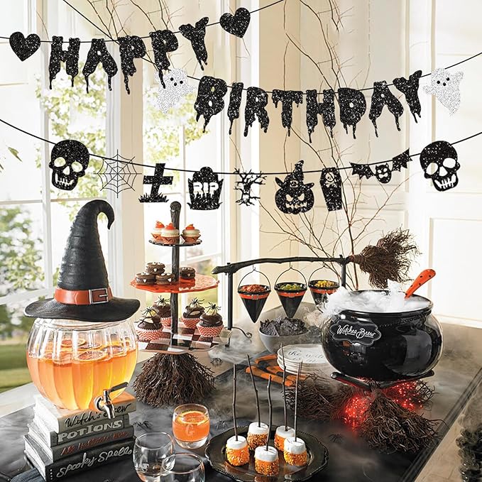 Black Glitter Halloween Happy birthday Banner Halloween Banner Party Decorations Party Supplies Decoration Birthday Decorations Baby Shower Unisex Decoration