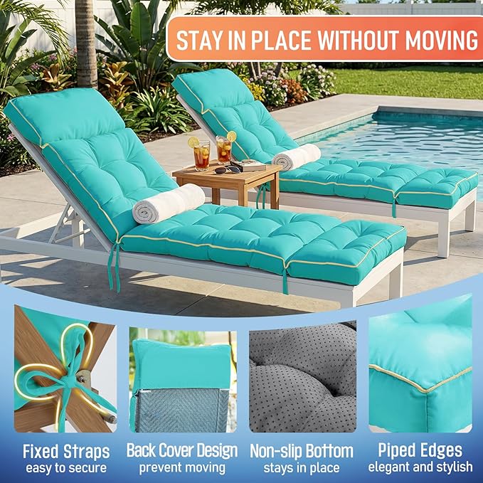 MAGIC ELEPHANT Chaise Lounge Cushion Outdoor, Memory Foam Patio Lounge Chair Cushion with Ties for Indoor Outdoor Furniture, Water-Repellent Replacement Long Chair Cushion (Teal)