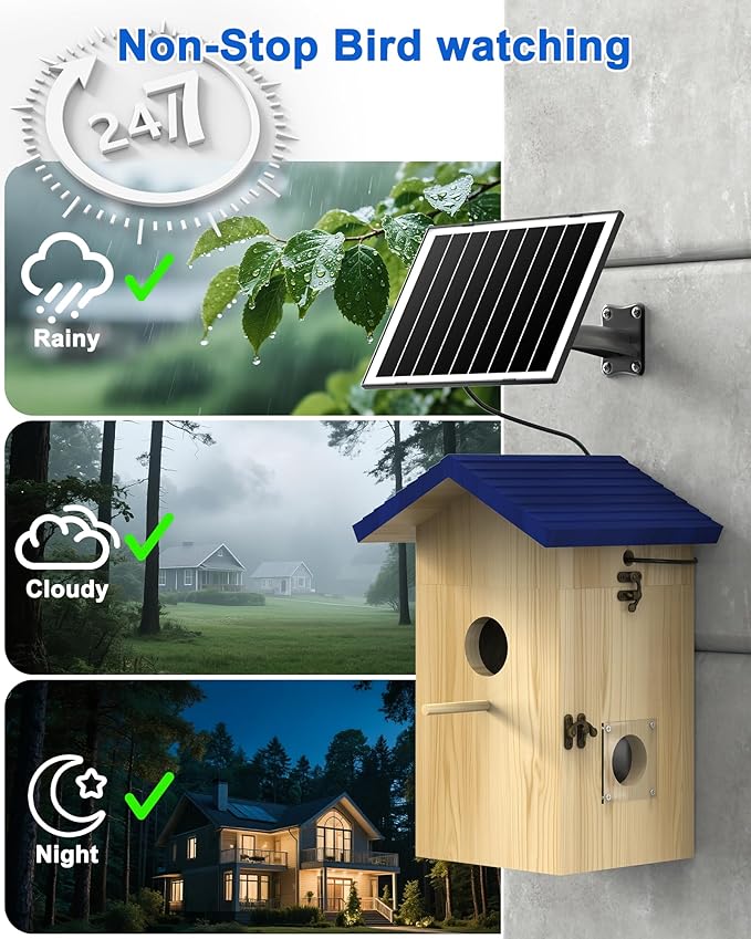 KinetCam Bird House with Camera Solar Powered, 2K HD Wi-Fi Bird Watching Cam for Birdhouse, Auto Detect & Notify, Night Vision, APP Control, Wooden Birdhouse with Camera Inside(Blue)