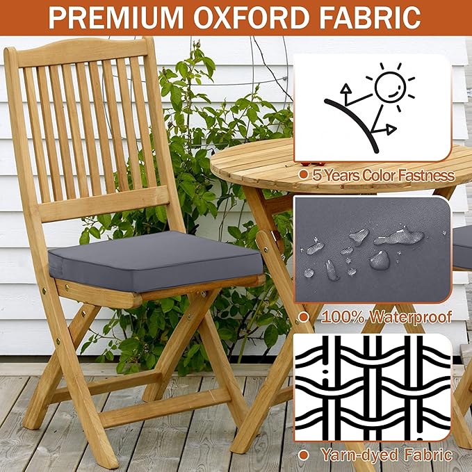 Outdoor Chair Cushions 16 x 17 Inch, Set of 4, Waterproof Patio Chair Cushions with Tie 5 Year Color Fastness Thick Outdoor Seat Cushion for Garden Lawn Patio Furniture Dark Grey