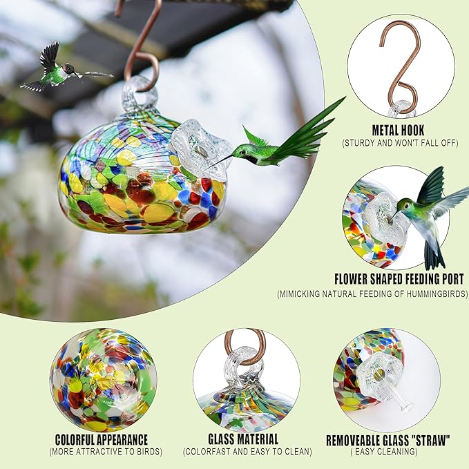 Blown Glass Hummingbird Feeder for Outdoors Hanging Ornaments with Hook Unique Humming Bird Feeder for Home Window Garden Decoration