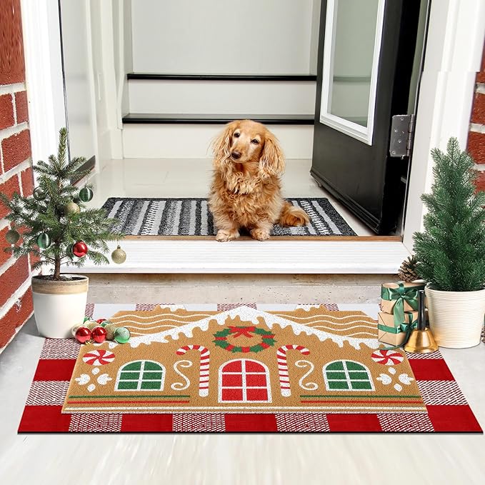 Tinideya 2 Pcs Christmas Door Mat Gingerbread House Welcome Non Slip Coir Mats Merry Xmas Red White Buffalo Plaid Floor Layering Doormats Seasonal for Front Porch Entryway Decor(Gingerbread House)